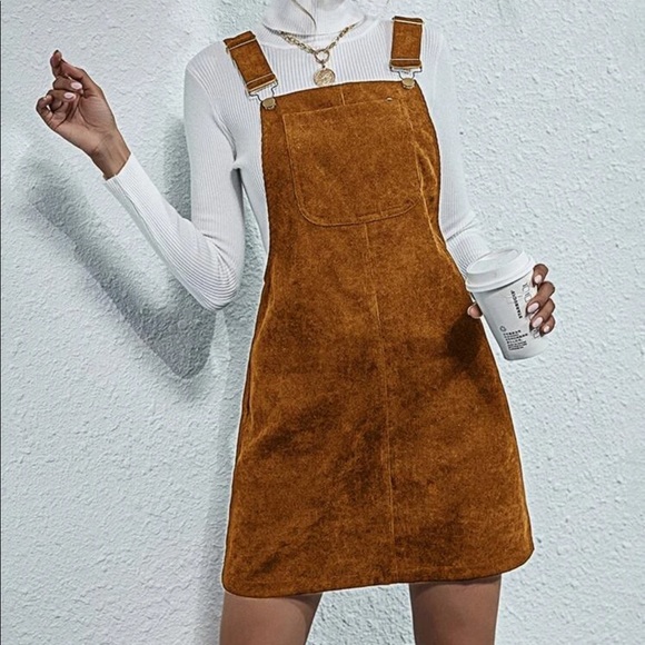 Dresses & Skirts - Corduroy overall mini dress trendy camel tan